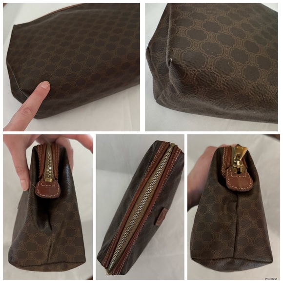 Celine AUTHENTIC Vintage Brown Coated Triomphe Logo Toiletry Makeup Bag Pouch - Picture 7 of 16